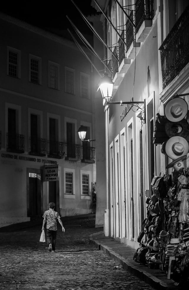 is-salvador-brazil-safe Man walking in downtown Salvador at night